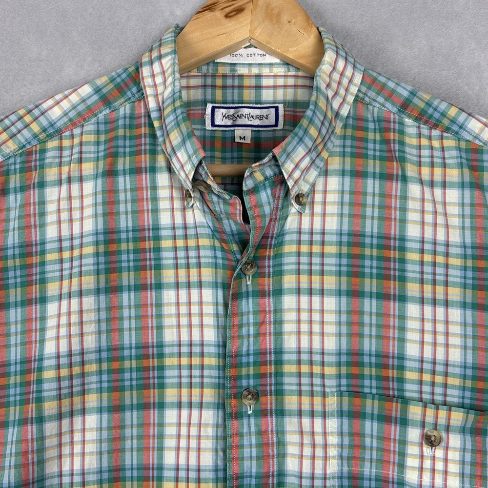 Vintage Yves Saint Laurent Button Down Shirt Men’s Medium Green Plaid YSL Casual